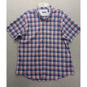IZOD Shirt Mens 2XL Blue Orange Plaid Short Sleeve Button Down Stretch Pocket